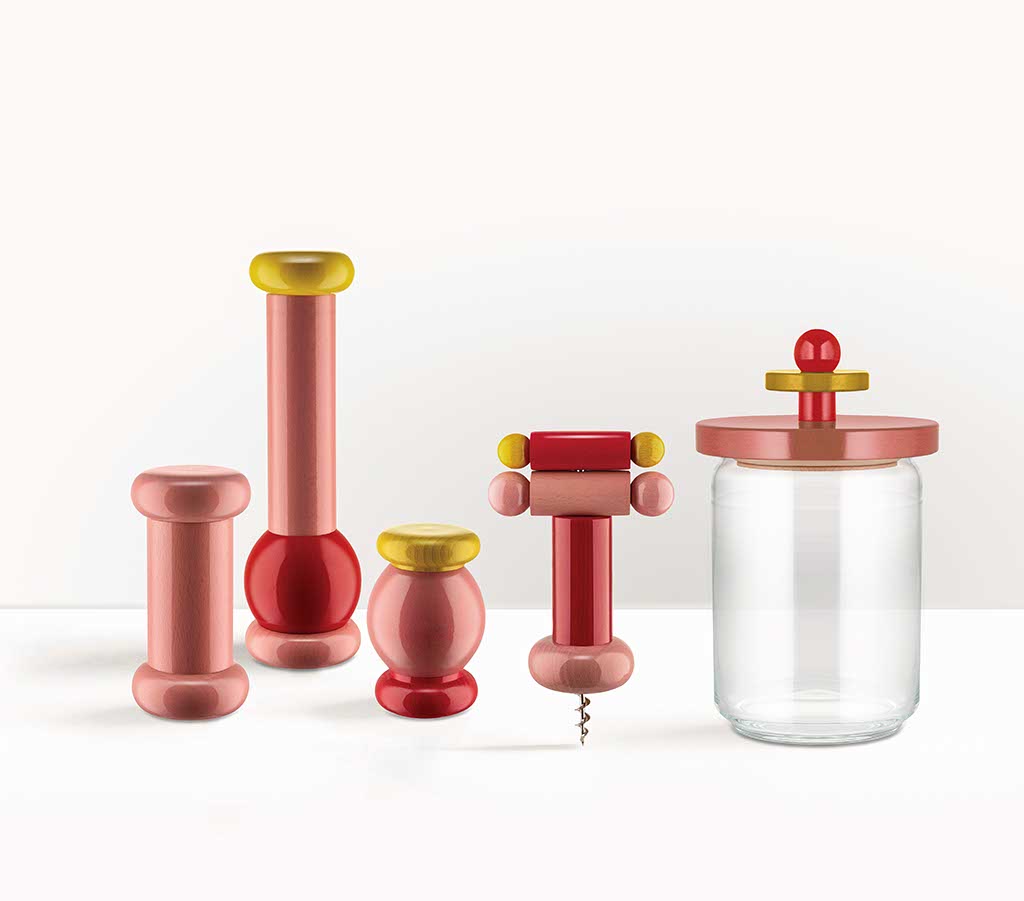 ALESSI 100 VALUES COLLECTION SOTTSASS COLLECTION design ETTORE SOTTSASS groupage pink. yellow